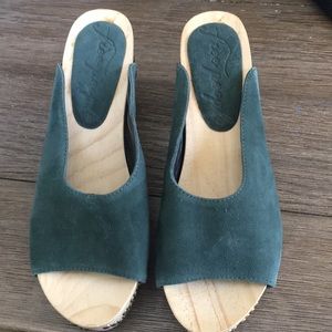 Free People green suede leather studded wooden open toed clogs